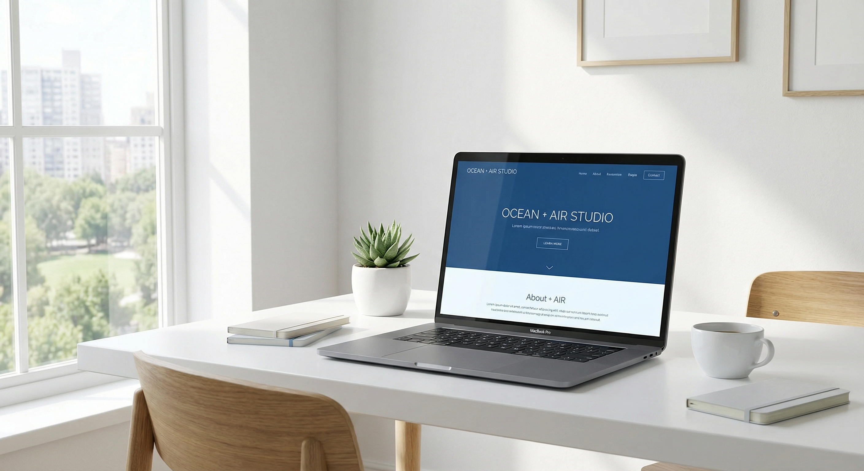 Espace de travail professionnel avec un site web moderne affiché sur un laptop